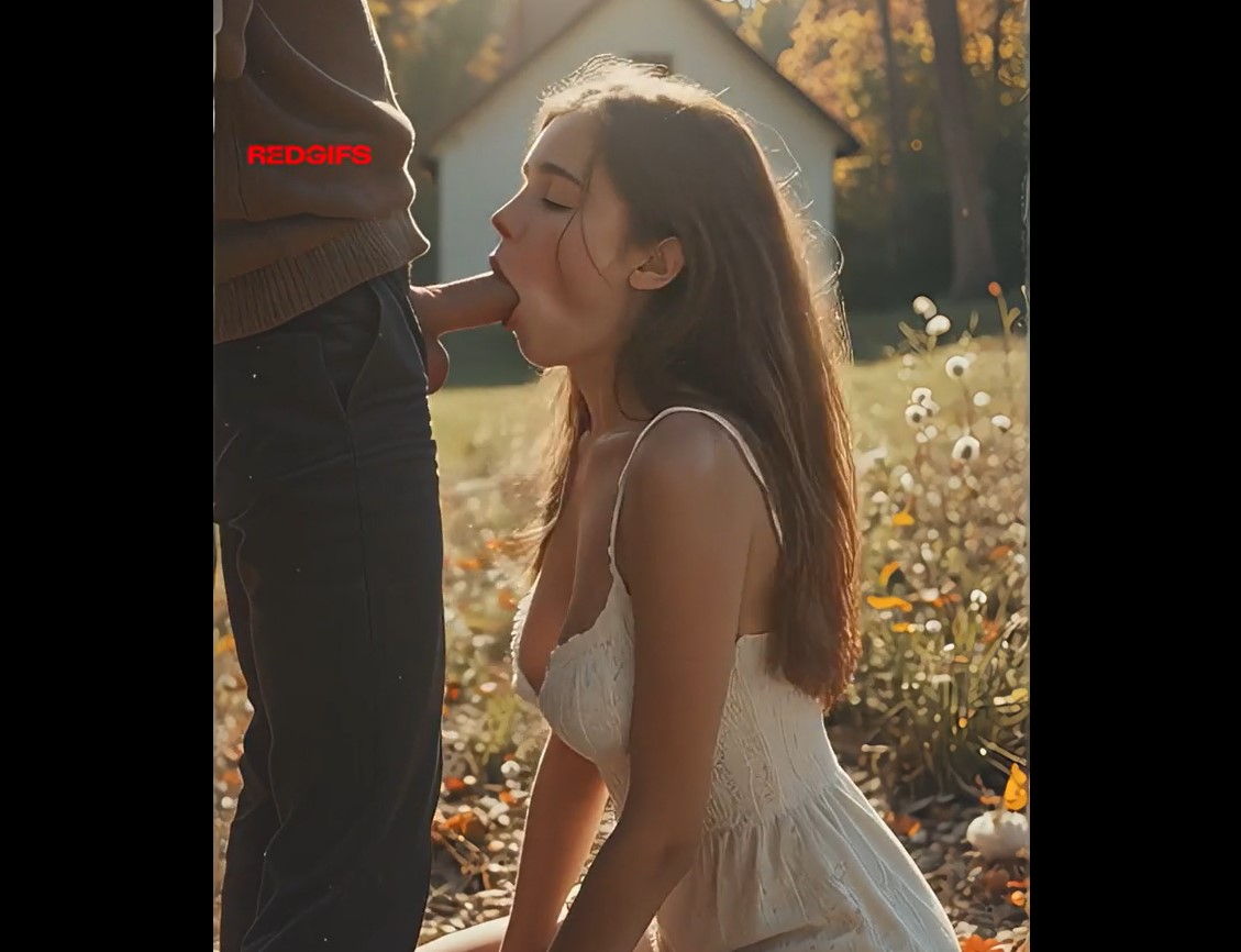 Brunette gives blowjob in the countryside